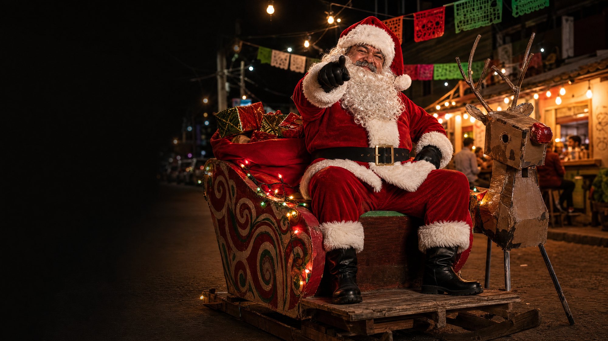 Un Santa Muy Mexa con barba postiza señala a cámara sentado en su trineo hechizo, junto a un reno de cartón, en una calle de posada de noche